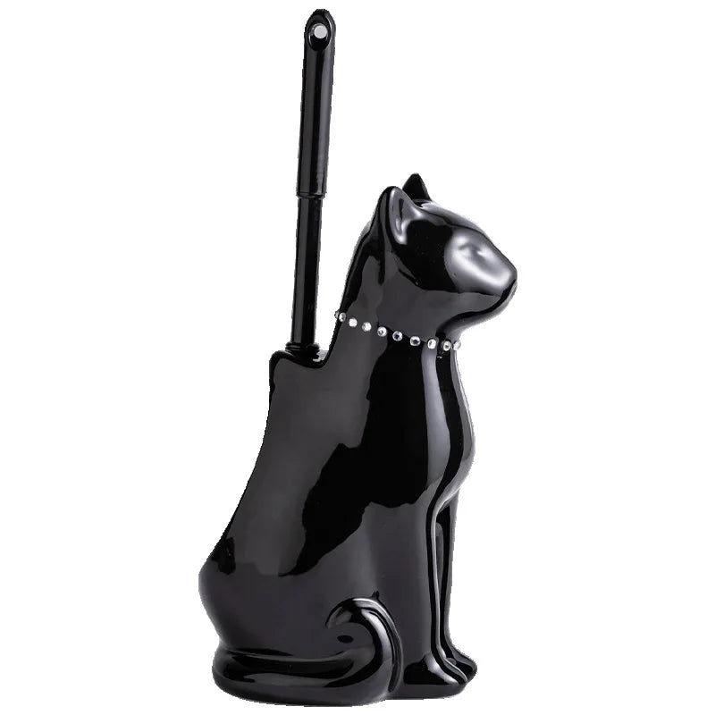 Black ceramic cat toilet brush holder with long handle on white background