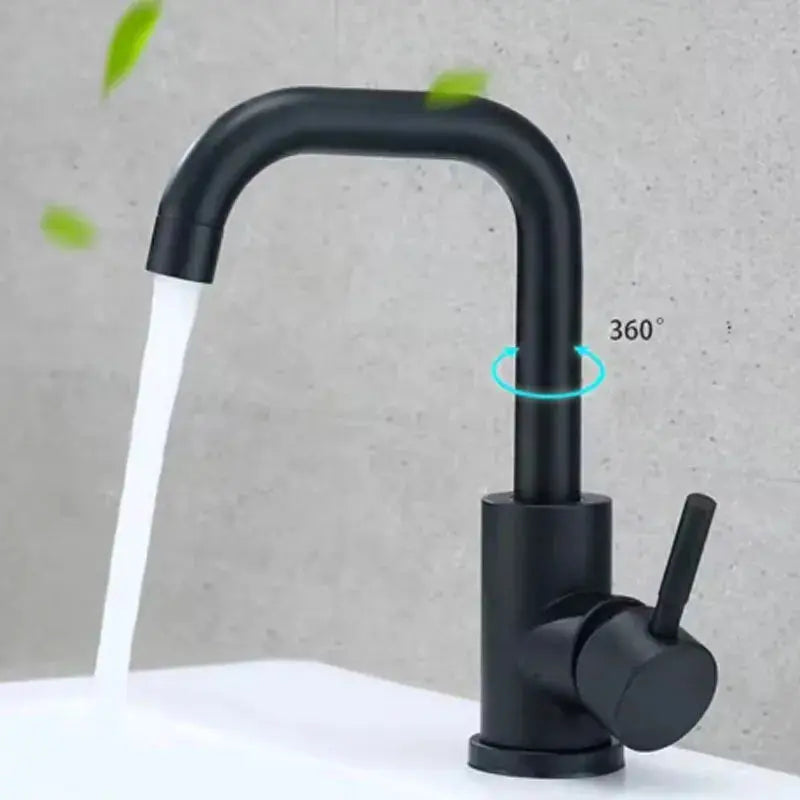 Black single-handle bathroom basin mixer tap with 360-degree swivel spout, modern design
