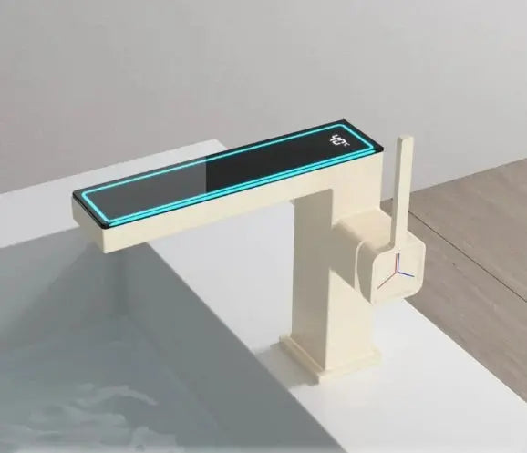 Digital display bathroom basin mixer tap in greal  white finish, single-hole faucet with LED temperature display
