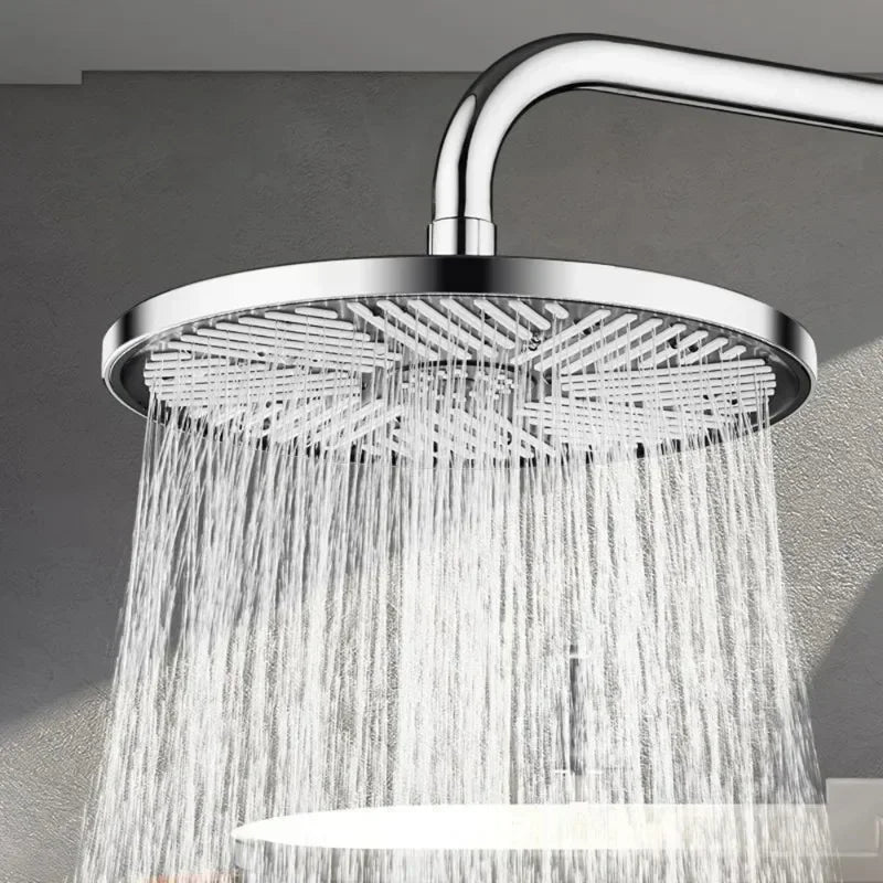 High-pressure rainfall shower head installed, delivering even water flow from overhead