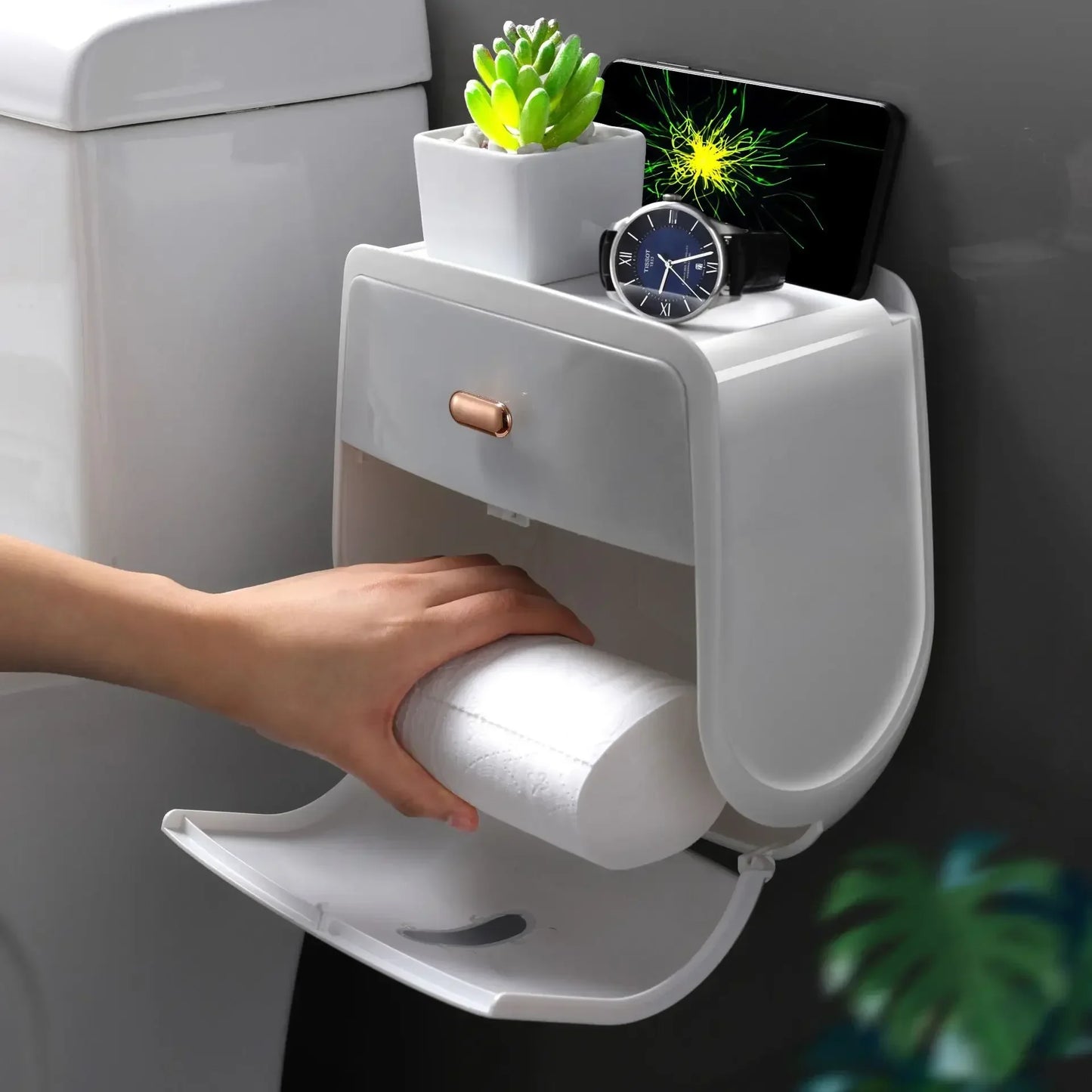 Wall-mounted toilet paper storage box with easy-dispense opening, modern bathroom holder