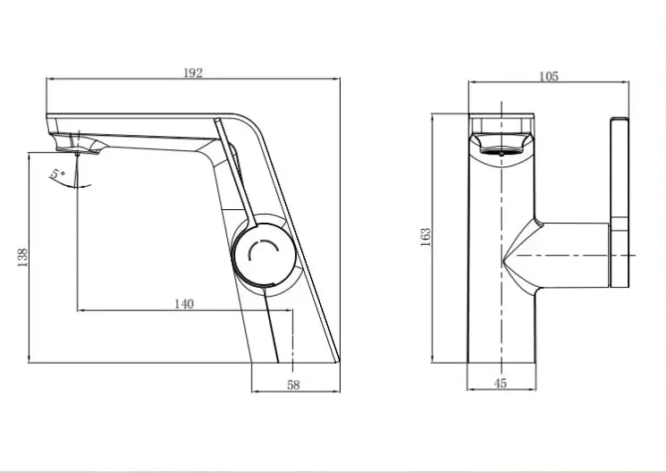 Basin mixer tap dimensions diagram (single-hole) – side and front view measurements