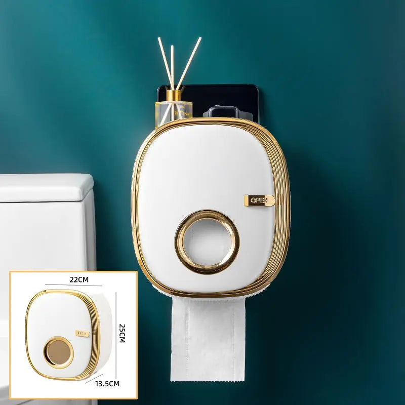 Wall-mounted bathroom storage box with toilet paper holder showing dimensions