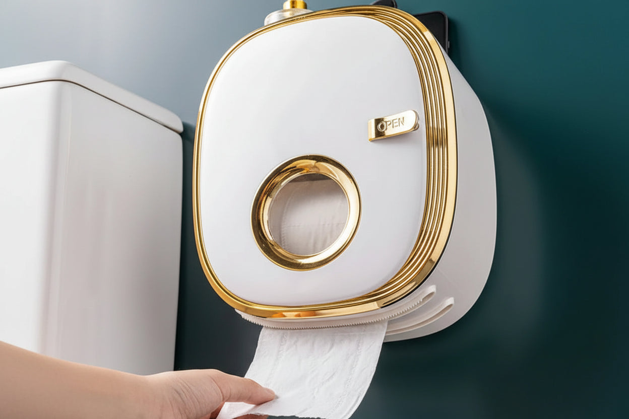 Waterproof wall-mounted toilet paper holder with enclosed storage box