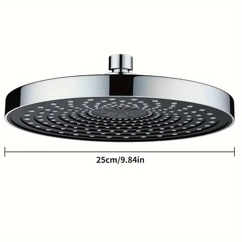 Large 25cm rainfall shower head with high water flow, round stainless steel design