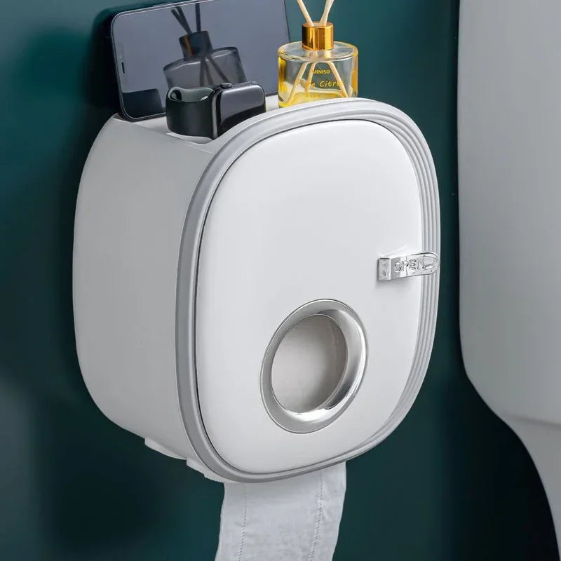 Wall-mounted toilet paper holder with waterproof storage box in grey colour