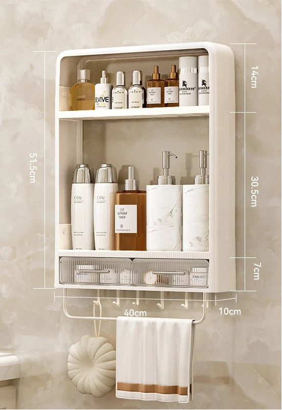 Wall-mounted storage shelf with various bottles and a towel, showing dimensions.