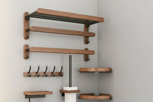 Walnut wood bathroom hardware set with shelves, towel bars and hooks mounted on wall