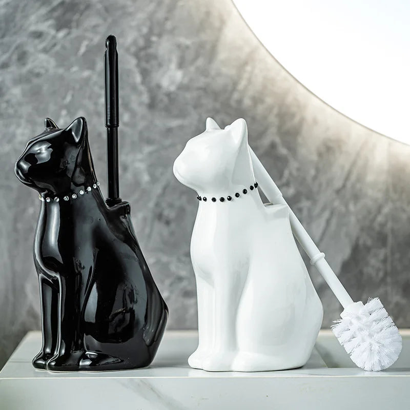 Ceramic cat toilet brush with decorative holder shown in modern bathroom setting