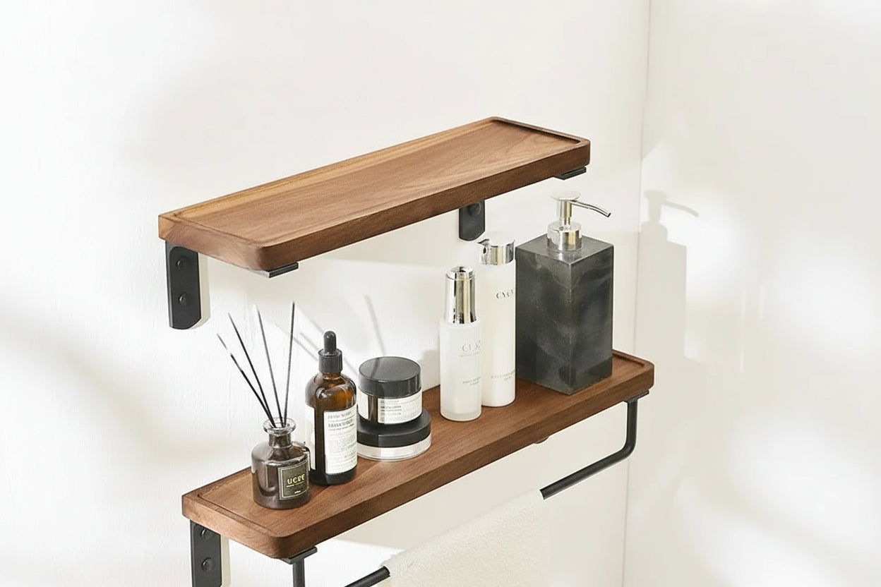Walnut wood wall-mounted bathroom shelves with black metal brackets for toiletries