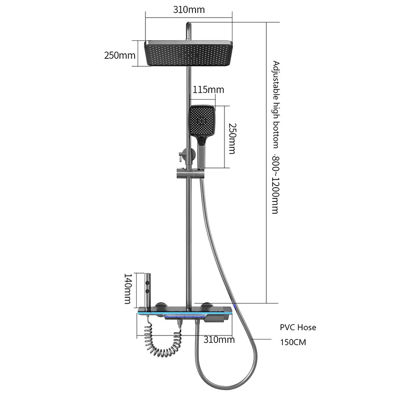 Technical dimensions of wall-mounted rainfall shower system with adjustable height