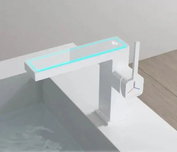 Digital display bathroom basin mixer tap in white finish, modern single-hole faucet with LED temperature display