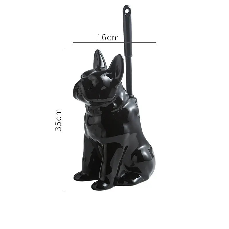Black ceramic dog-shaped brush holder with dimensions on a white background