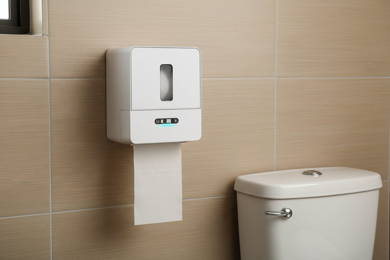 Wall-mounted automatic toilet paper holder installed in bathroom next to toilet