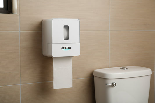 Wall-mounted automatic toilet paper holder installed in bathroom next to toilet