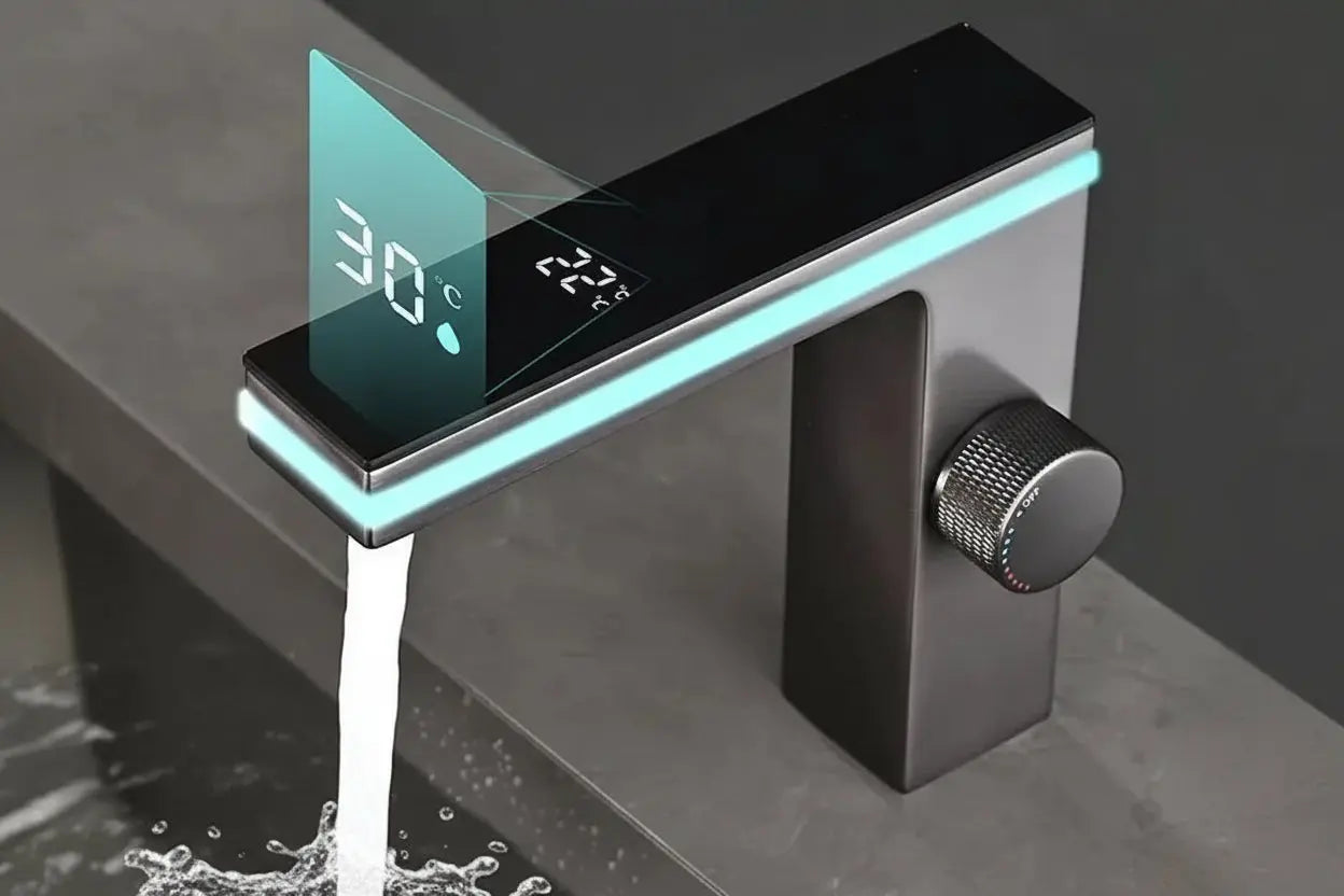 Sensor bathroom basin mixer with LED temperature display and waterfall flow