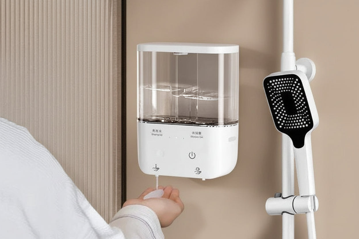 Automatic wall-mounted soap dispenser in use, hands-free dispensing