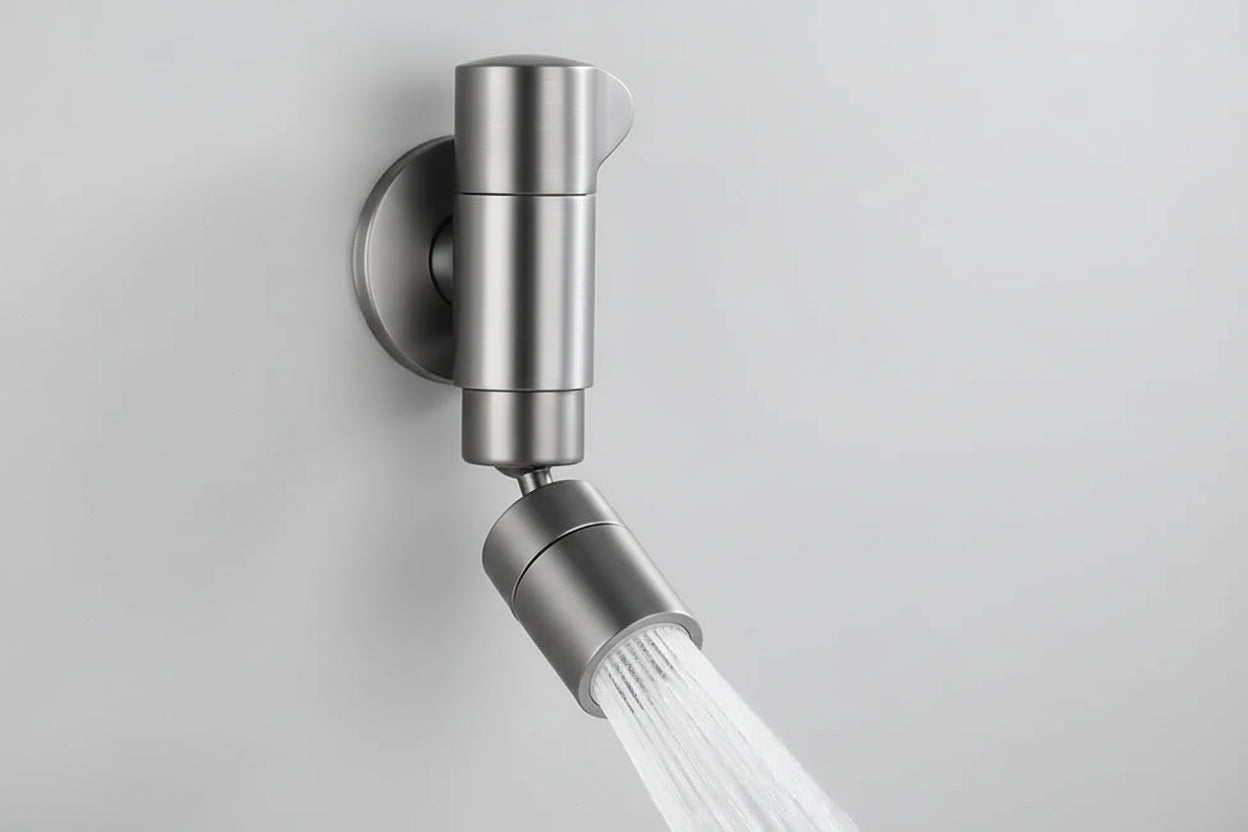 Wall mounted basin tap with rotating spout showing water flow