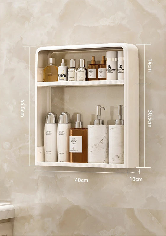 White wall-mounted shelf with skincare products on a tiled wall background