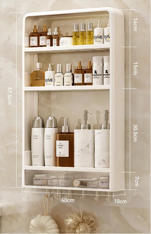 Shelving unit with various bottles and containers, showing dimensions on a neutral background.