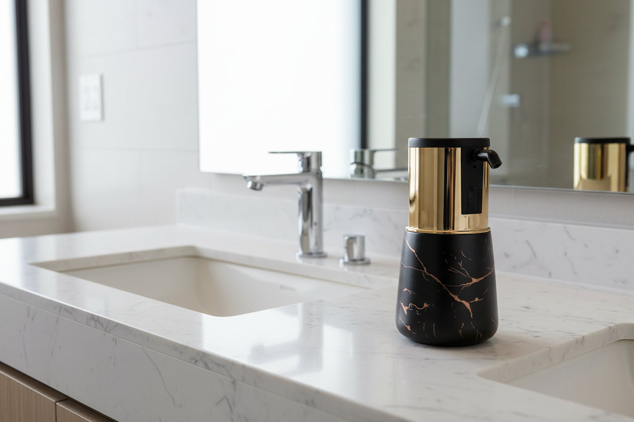 Rechargeable touchless soap dispenser placed on bathroom sink countertop