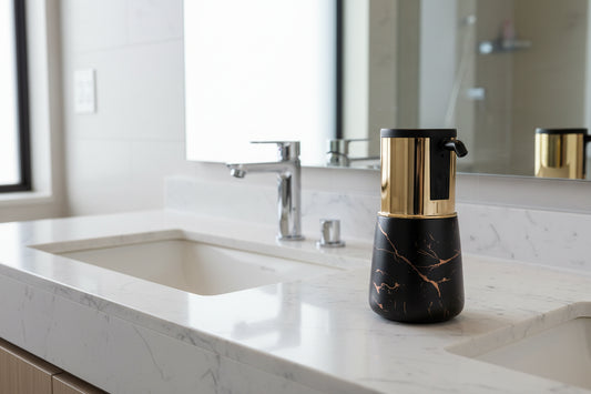 Rechargeable touchless soap dispenser placed on bathroom sink countertop