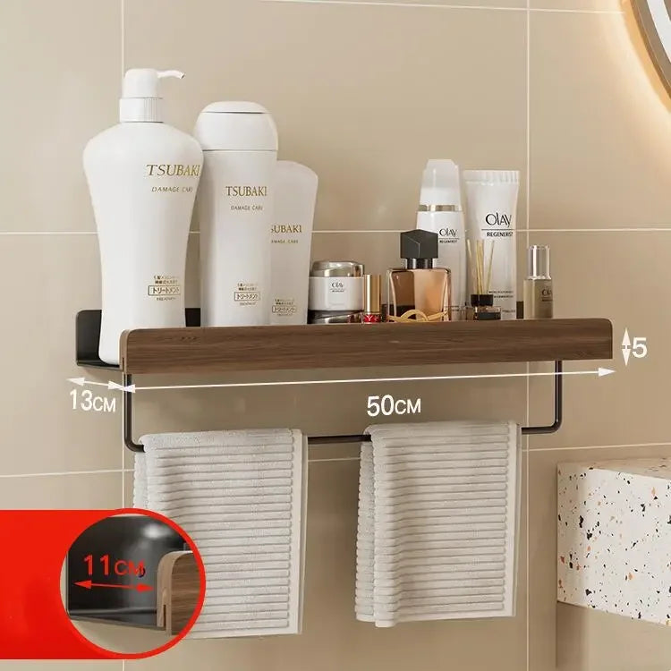 Walnut wood wall-mounted towel rack with multiple metal bars and hanging towels

