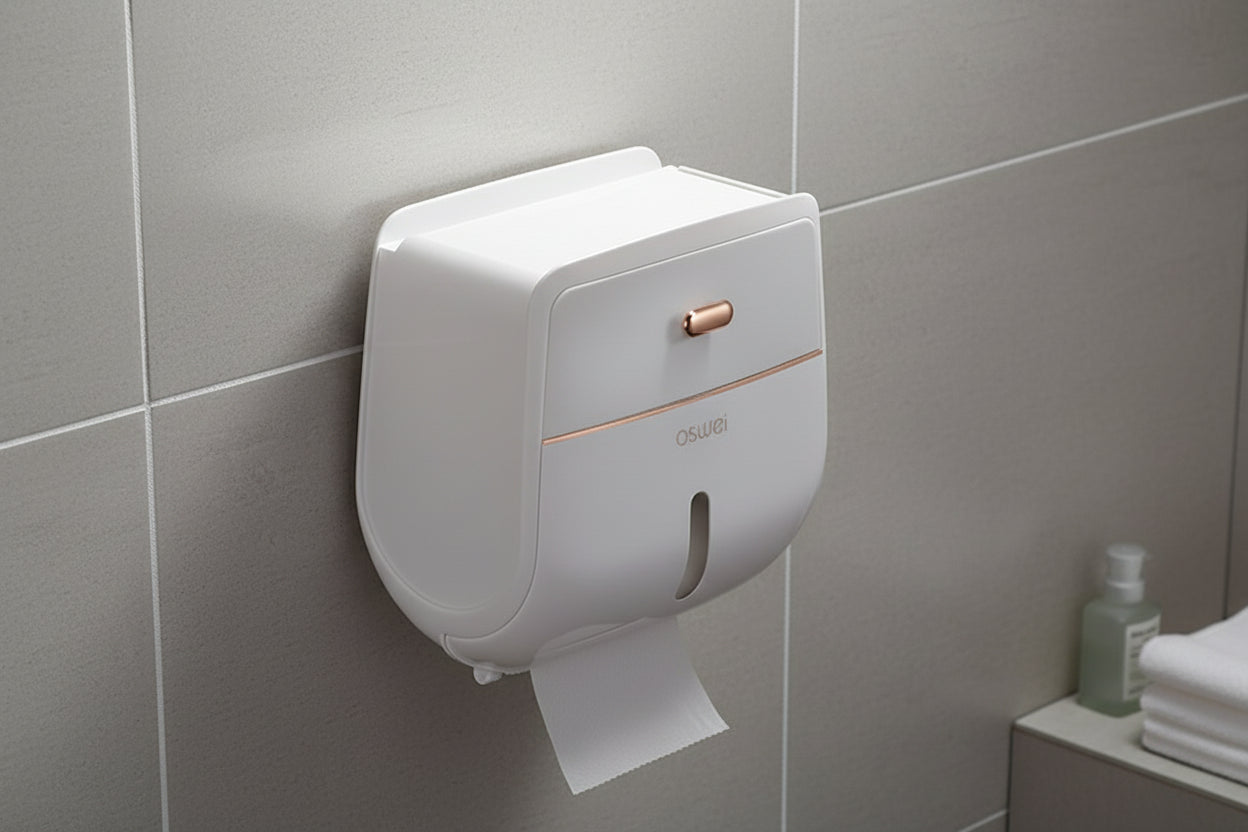 Waterproof wall-mounted toilet paper holder installed on bathroom tiles