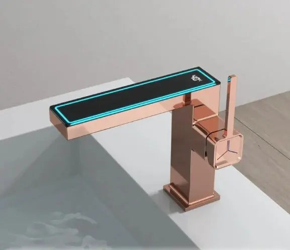 Digital display bathroom basin mixer tap in rose gold finish, single-hole faucet with LED temperature display