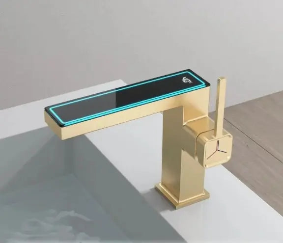 Digital display bathroom basin mixer tap in brushed gold finish, single-hole faucet with LED temperature display