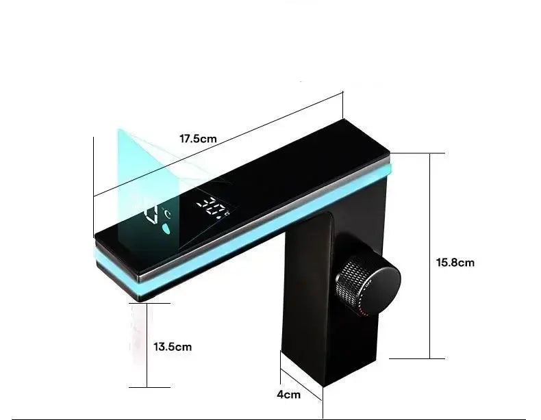 Sensor bathroom basin mixer with LED temperature display, showing product dimensions and measurements