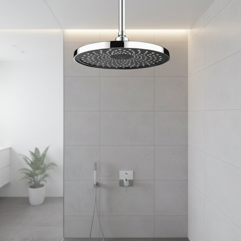 Ceiling mounted rainfall shower head installed in modern bathroom, wide water coverage