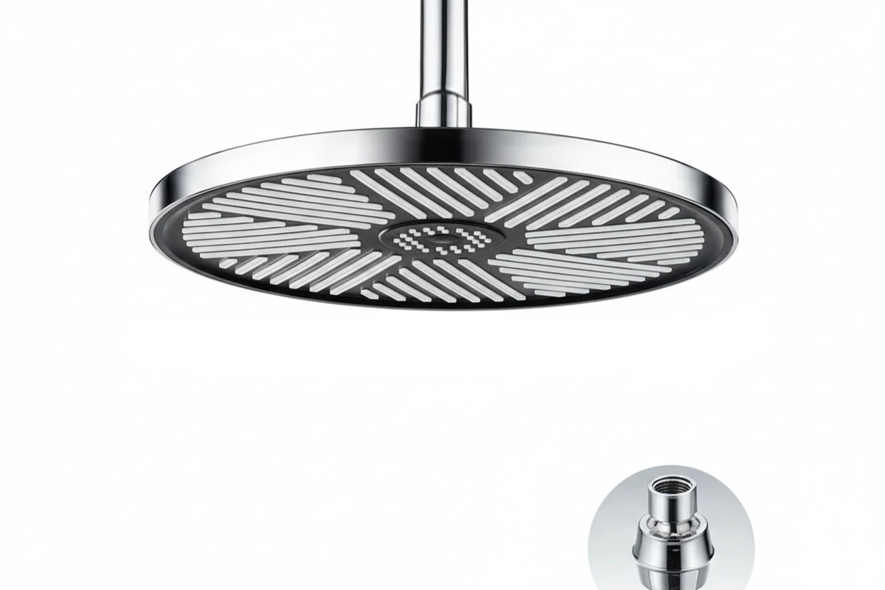 Top-mounted rainfall shower head in silver finish with wide rain spray pattern