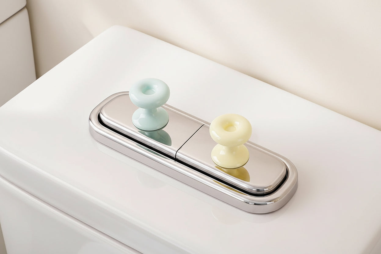 Toilet flush button cover installed on dual flush toilet, decorative press handle accessory