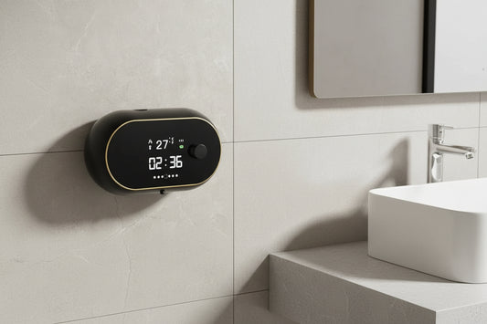 Automatic LED soap dispenser installed near sink, modern wall-mounted solution