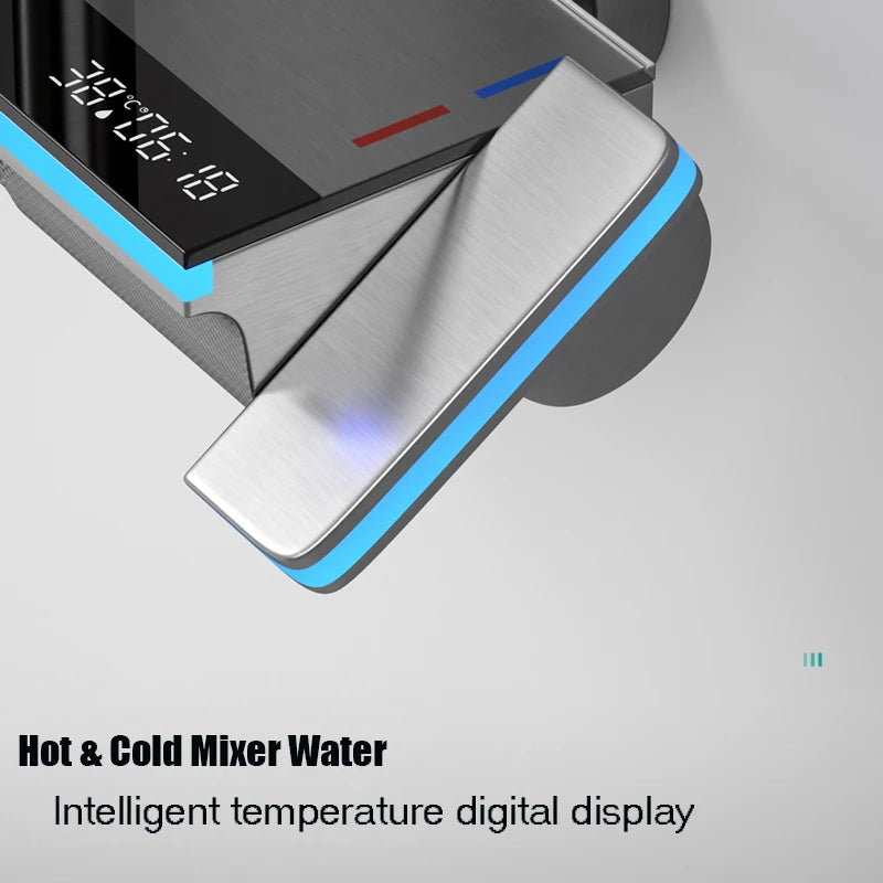 Close-up of digital temperature display mixer with hot and cold water control