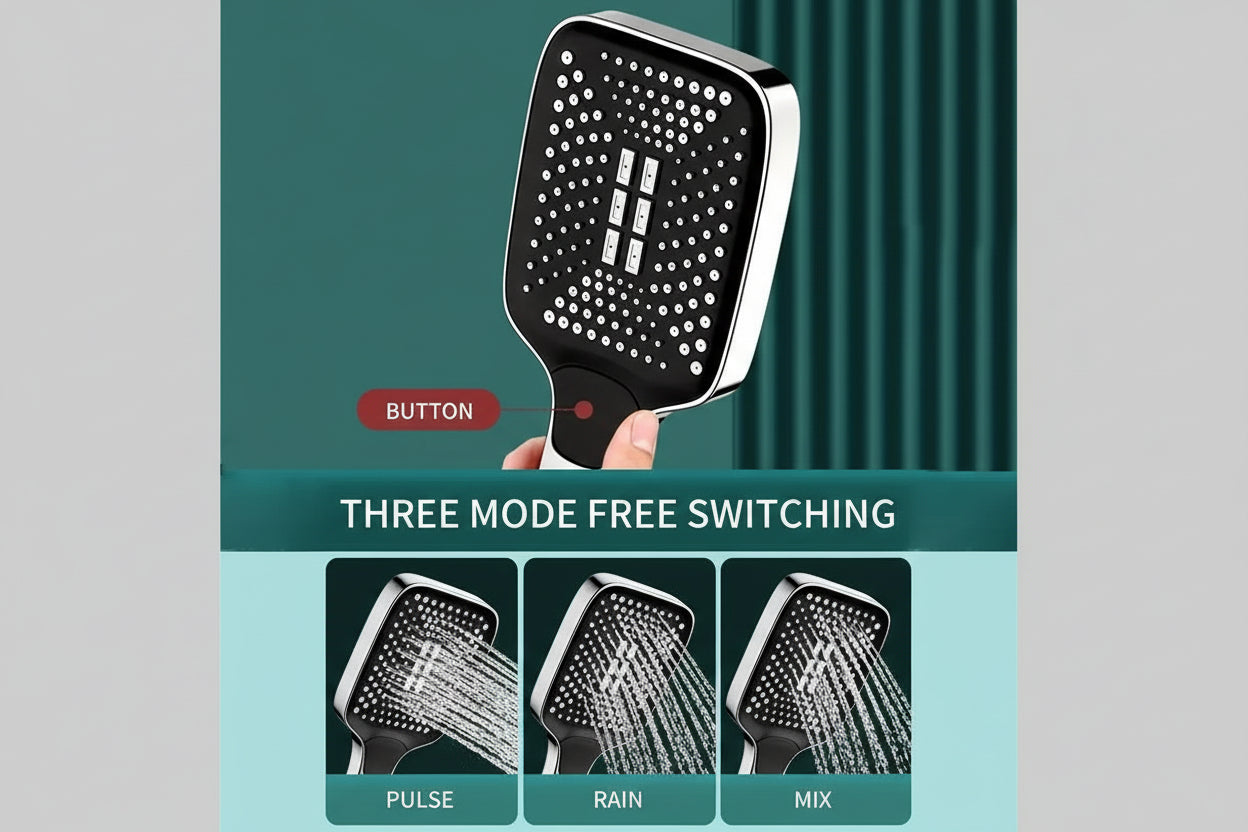 High-pressure shower head with button control for three spray modes