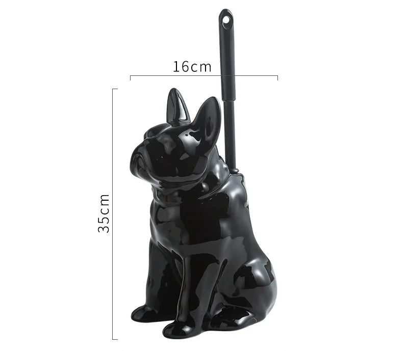 Black dog-shaped brush holder with dimensions on a white background