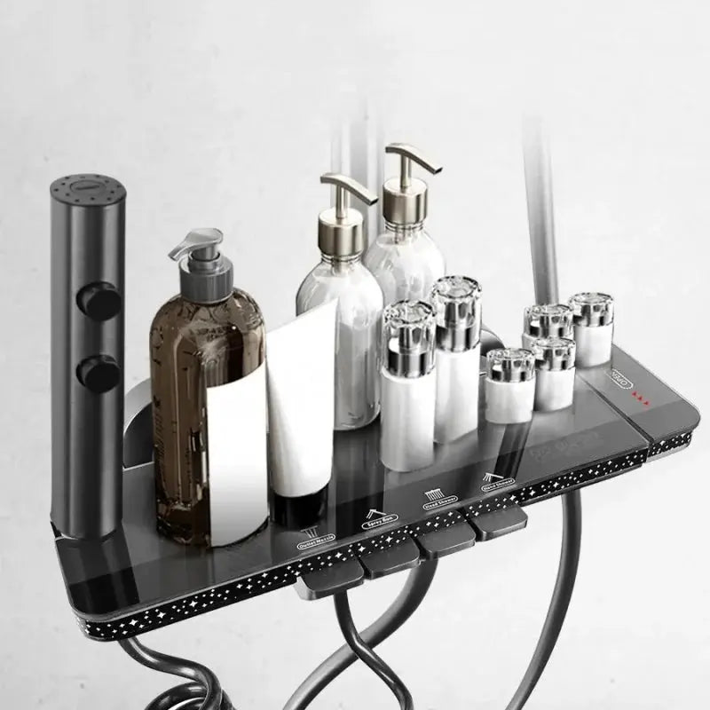 Wall-mounted digital shower mixer with integrated shelf for bathroom accessories and LED lighting