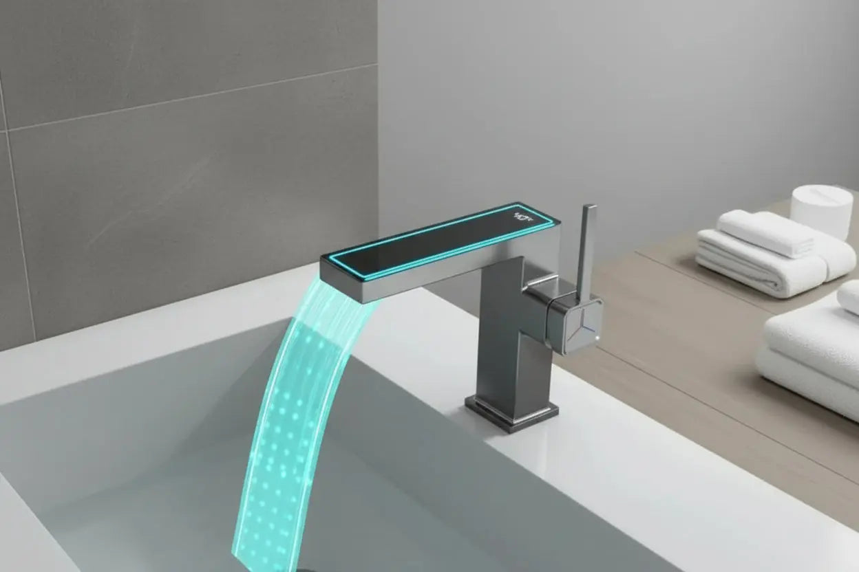 Bathroom basin mixer tap with digital temperature display and water flow in use