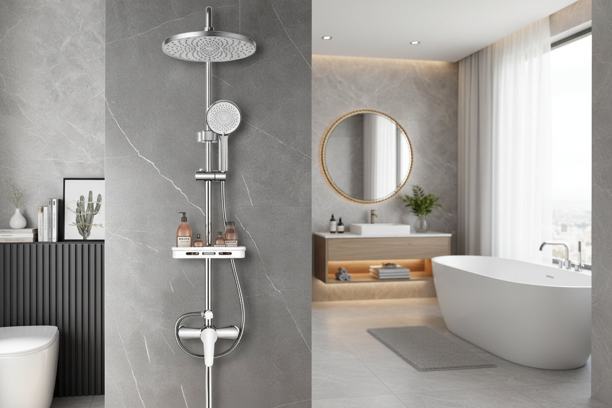 Wall-mounted thermostatic shower system with large round rainfall head and handheld shower
