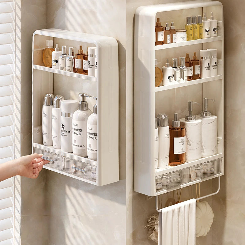 Wall-mounted shelves with skincare products in a bathroom setting