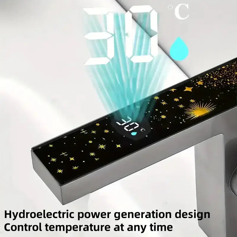 LED digital temperature display on sink mixer tap showing real-time water temperature