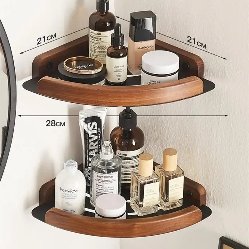 Corner walnut wood bathroom shelves with black metal brackets for storage and organisation