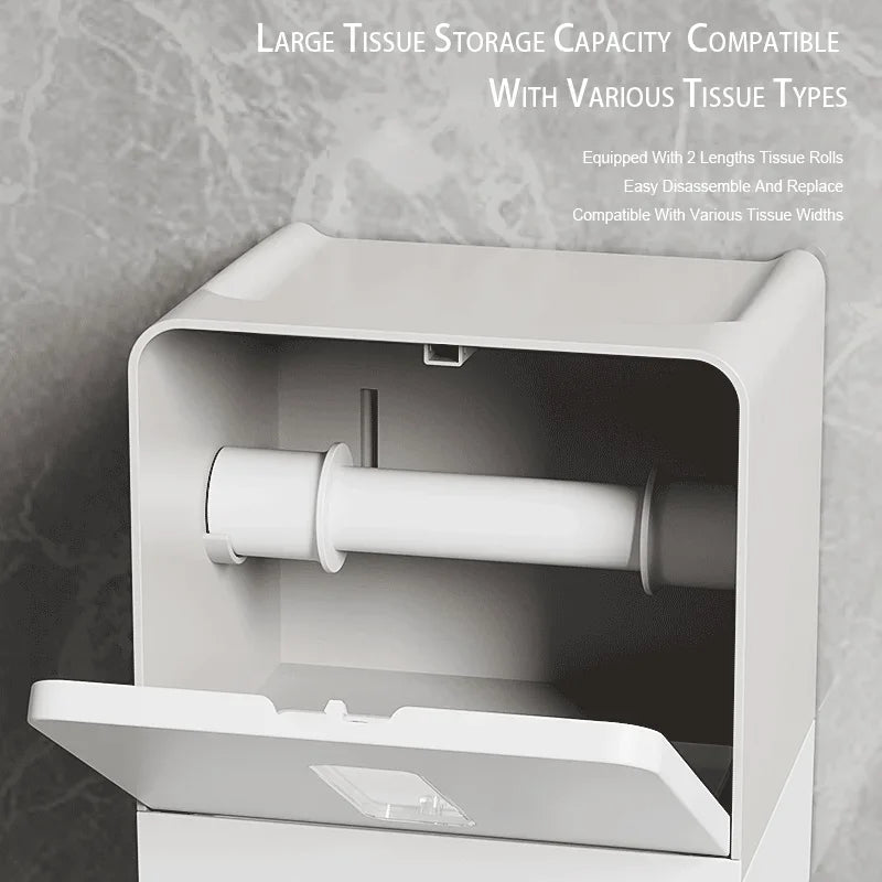 Interior view of automatic toilet paper holder showing large tissue roll storage capacity