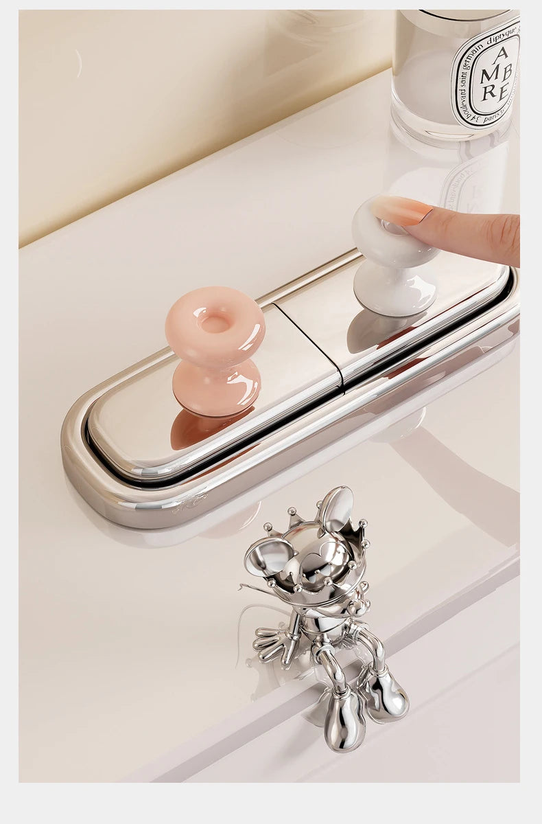 Using decorative toilet flush button cover with press handle on bathroom toilet