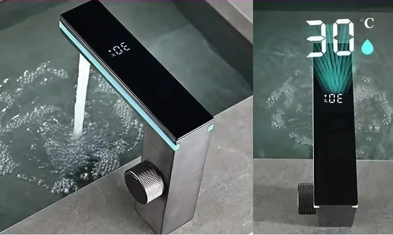 Sensor activated basin mixer showing 30°C LED temperature display