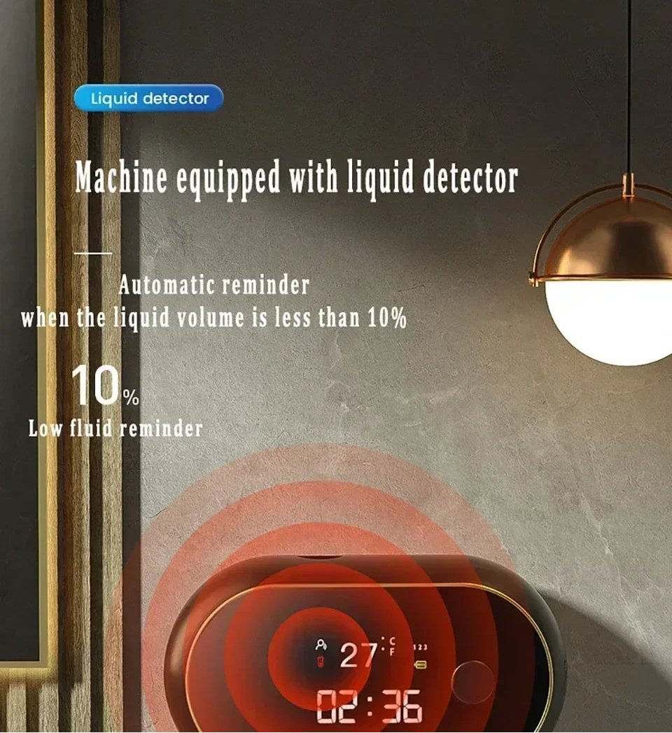 Automatic soap dispenser with LED display showing low liquid level indicator