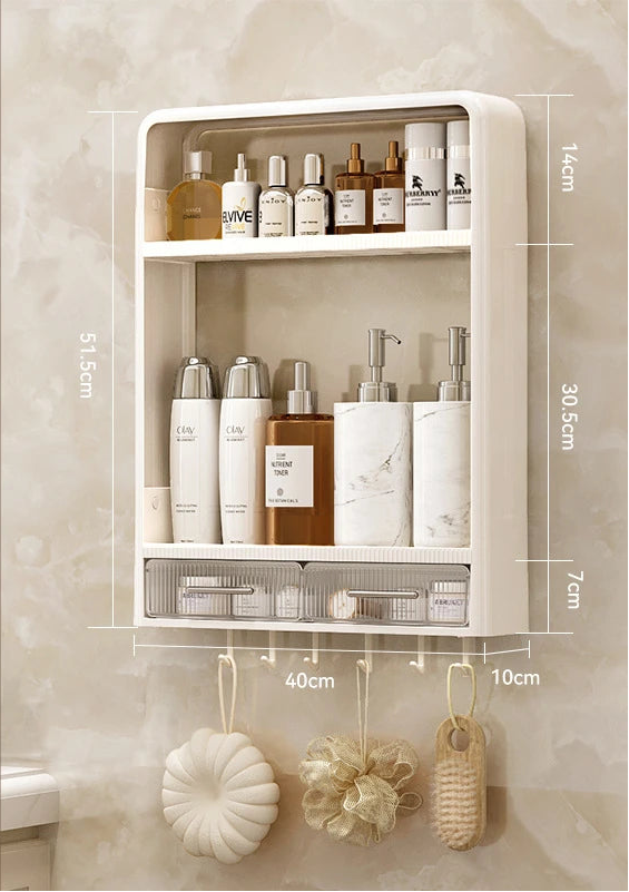 Wall-mounted storage cabinet with shelves and hooks, containing various bottles and containers, with dimensions indicated.