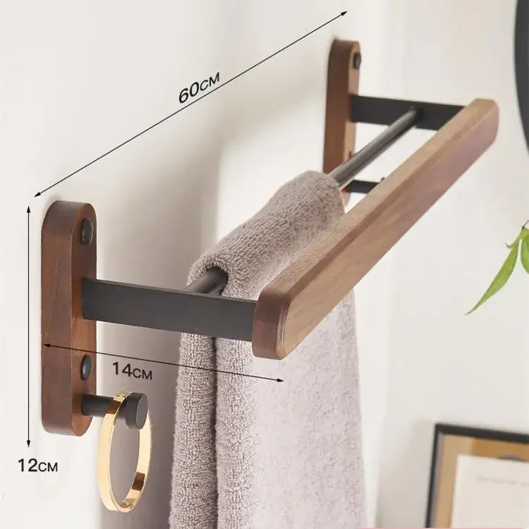 Walnut wood bathroom towel rack with metal frame, wall-mounted, modern design